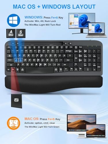 Hayyiesh Ergonomic Wave Keys Wireless Keyboard and Mouse Combo, Full Size with Memory Foam Wrist Rest & Phone Holder, 2.4G Cordless Set with USB-C Adapter for Windows Mac Desktop Laptop (Black)