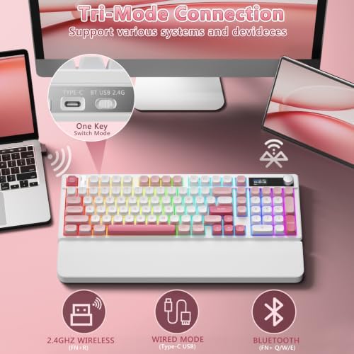 BlueFinger Wireless Gaming Keyboard Pink Creamy Keyboard with Number Pad