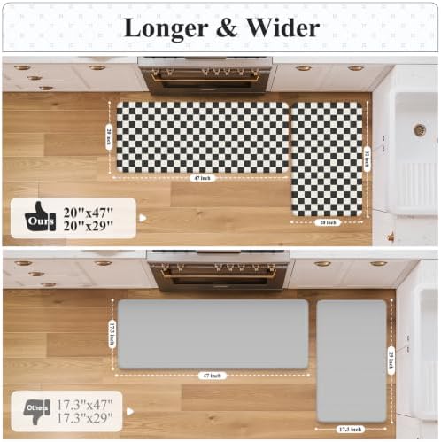 KIMODE Anti Fatigue Kitchen Mat for Floor,Black and White Plaid Kitchen Rug