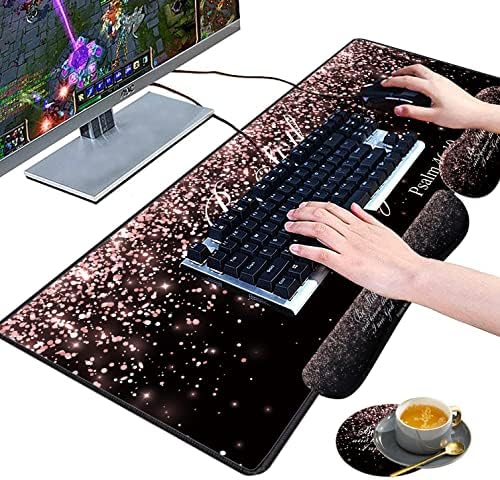 Large Gaming Mouse Pad, Keyboard Wrist Rest pad + Mouse Wrist pad + Coaster Set Extended Waterproof Non-Slip Table mat Suitable for Home Office Learning Games - Rose Gold Glitter Black Psalm46:10