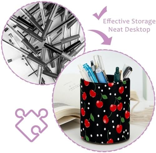 Cherry Pen Holder Pencil Organizer Cute Pencil Cup Desk Decor Makeup Brush Holder PU Multifunctional Office Supplies for Home Classroom School