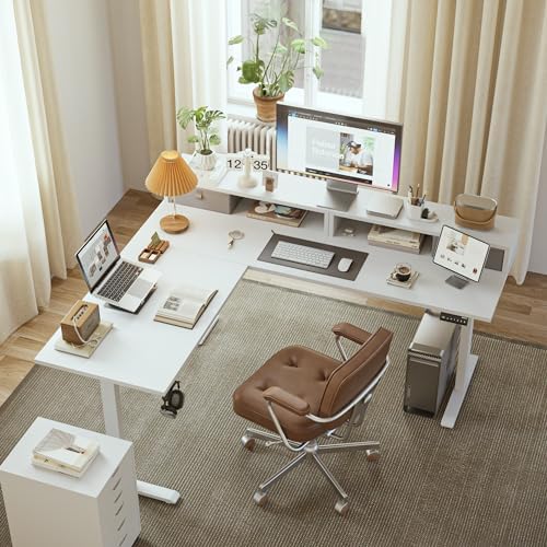 Agilestic 63 Inch L Shaped Electric Standing Desk with Drawer, White