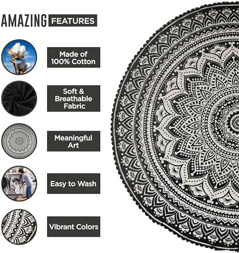 raajsee Grey Black Round Beach Tapestry Hippie/Boho Beach Blanket Mandala/Indian Cotton Throw - Round Tablecloth/Home Decor/Indie Rug Yoga Mat Meditation Picnic Rugs 127 CM / 50 INCHE Circle