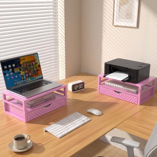 WALI Desk Organizer with Drawer，Computer Monitor Stand with Storage, Desk Organizers and Accessories for Computer, Printer, Laptop Riser for Home Office Supplies, (PTT005-P), 1 Pack, Pink