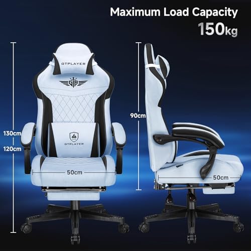GTPLAYER Gaming Chair Fabric with Pocket Spring Cushion, High Back Ergonomic Computer Chair with Footrest for Adults Lumbar Support Swivel Game Chair for Office Gaming 350LBS, Light Blue