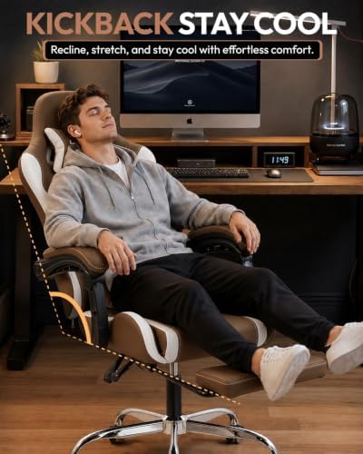Dowinx Ergonomic Gaming Chair with Footrest & Massage Lumbar, 2D-Linkage Armrests for Computer Chair 330lbs with Headrest Pillow for Office, Home, Streaming and Long Gaming Sessions, Fabric Brown