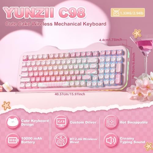 YUNZII C98 Cute Wireless Mechanical Keyboard(Pink Mao, Milk Switch)