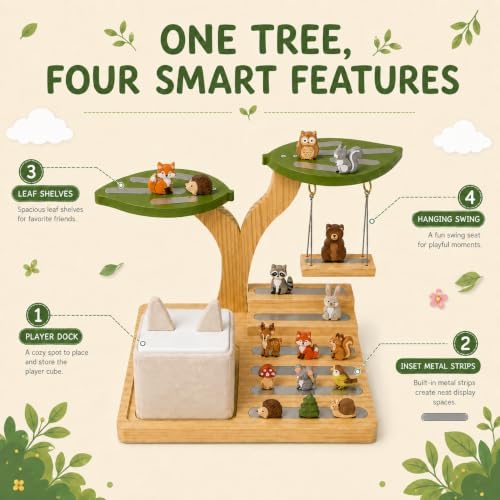 Tree Display Shelf Compatible with Toniebox, Wooden Figurine Organizer with Player Charging Dock, 20+ Capacity, Silver Chain Swing, Desk Storage