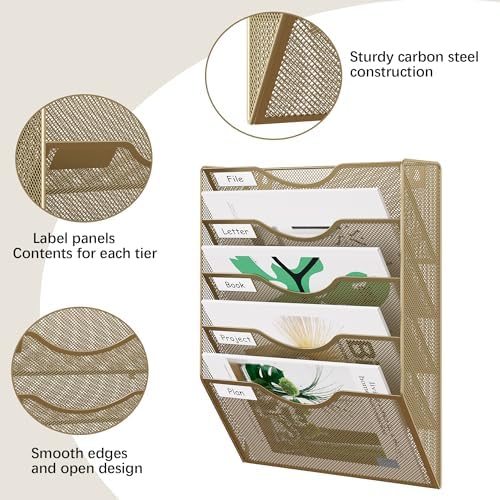 EasyPAG Wall File Organizer 5 Tier Hanging Paper Folder Holder, Zero Assembly Metal Mesh Wall Mounted Mail Organizer for Office Home Classroom Narrow Spaces, Gold