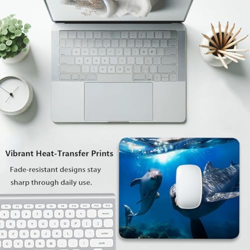 Dolphins Mouse Pad, Happy Underwater Encounter Navy Blue Ocean Desk Mat