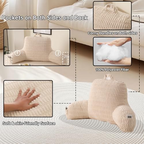 Reading Pillow for Sitting in Bed with Arm,White Corduroy, M