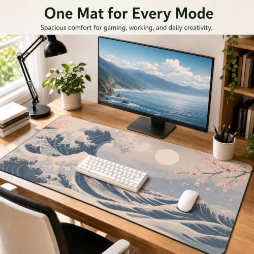 Japanese Wave Mouse Pad 31.5x15.7 Inch, Large Gaming Extended Desk Mat