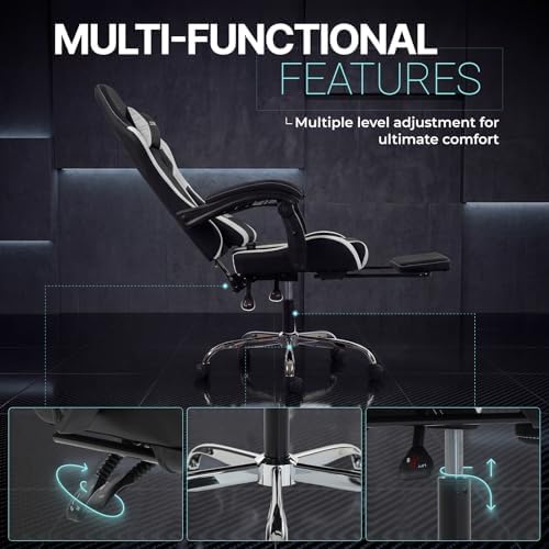 Dowinx Gaming Chair Ergonomic, Massage Lumbar Support, Footrest, Adjustable Height & Headrest Pillow, Heavy Duty 330lbs Office Chair, Comfortable for Back Pain Relief Long Gaming Streaming Black White