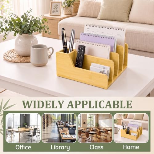 Novabright Bamboo Wood Desk Organizer with Pen Holder, 5 Slot Mail Sorter