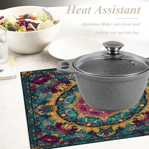 Shrahala Exotic Rich Color Set of 4 12 X 18 Inch Linen Placemats, Ornate Details Swirling Forms Burlap Table Mat Washable Double Layered Heat Insulation for Indoor/Outdoor