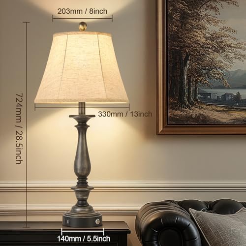 AIDENOEY 28.5" Traditional Table Lamp Set of 2, Rustic Farmhouse Table Lamps for Living Room Bedroom, Bedside Desk Lamps Vintage Nightstand Lamps with Silk Fabric Shades, Antique Silver Table Lamp
