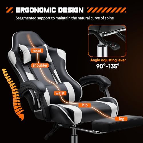 NEWBULIG Computer Gaming Desk Chair - High Back Ergonomic Lumbar Support with Footrest and Headrest, Comfy PU Leather Recliner with Linkage Armrest, Height Adjustable and 360° Swivel, White