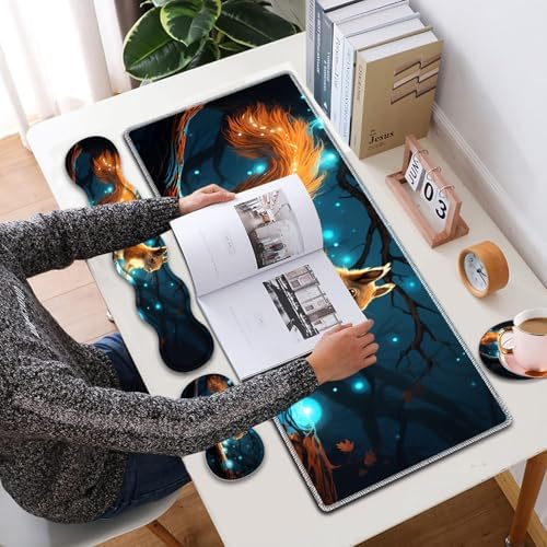 4 in 1 Mouse Pad Combo, Large Gaming Mouse Pad + Keyboard Wrist Support + Mouse Wrist Rest + Coaster, Table Pad 31.5 "x 11.8" with Memory Foam Ergonomic Wrist Pad Set, Glowing Squirrel