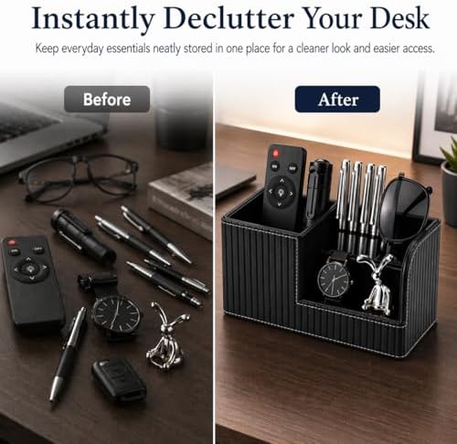 KINGFOM Desk Pen Organizer Office Supplies Caddy Pu Leather Multi-function Storage Box Pen/Pencil,Cell phone, Business Name Cards Remote Control Holder (Black)