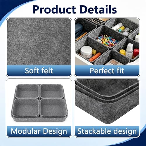 2 Sets Drawer Organizer Compatible with Alex, 14 Pcs Modular Felt Tray Storage Set, Drawer Organizers for Ikea Alex ideal for Office, Vanity, Bedroom and Dresser Drawers