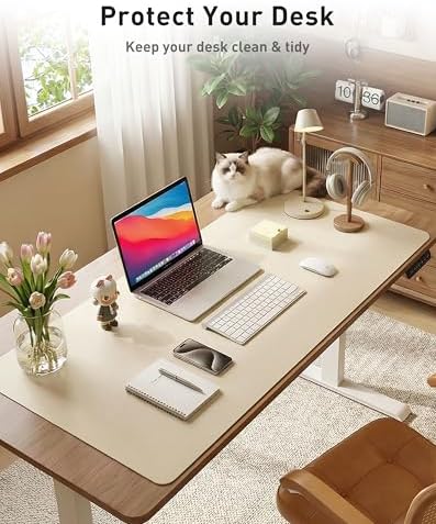 Aothia Faux Leather Desk Mat - Large Mouse Pad, Non-Slip PU Leather Blotter, Waterproof Writing Surface for Office and Home (Beige, 63" x 17")