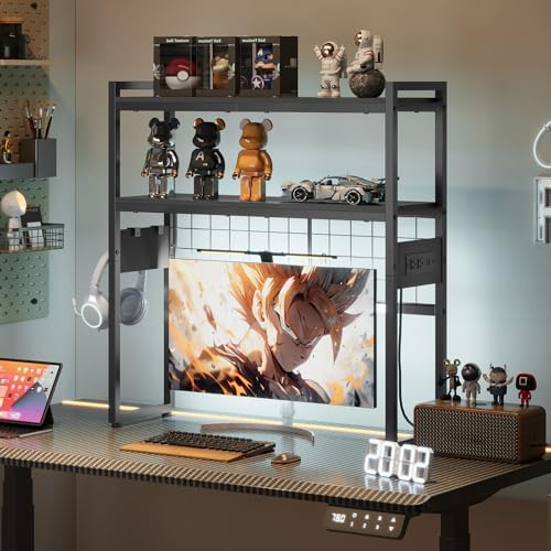 HOOBRO Desktop Bookcase, 2-Tier Office Desktop Organizer, 29.9" Wooden Storage Rack with Outlets, Display Shelf Rack with Light Strip, Desk Hutch for Office, Black BB11UDSJ01