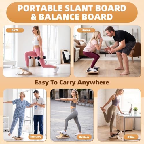 2-in-1 Slant Board & 180° Balance Board, Portable Adjustable Calf Stretch Board with Training Poster and Resistance Band, for Physical Therapy, Achilles Stretching