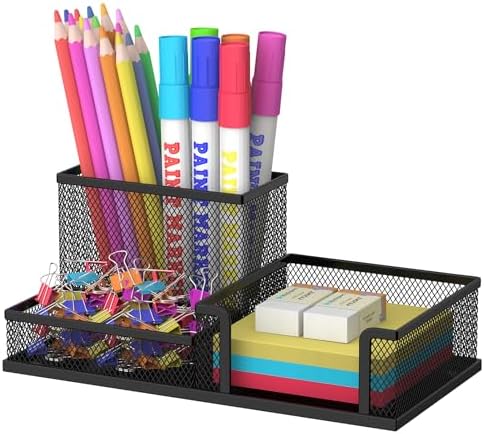 SUPEASY Pen Holder Desk Organizer, Office Supplies Pencil Holder with 3 Compartments, Desk Accessories and Workspace Organizers for Home School Classroom, Black