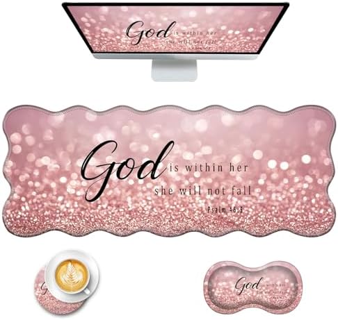 Mouse Pad with Wrist Support + Desk Mat + Coaster 3 in 1 Set, XL Large Gaming Mousepad Ergonomic Mouse Pads for Desk Computer Laptop Office,Rose Gold Glitter Quote Bible Verse Psalm 46-5