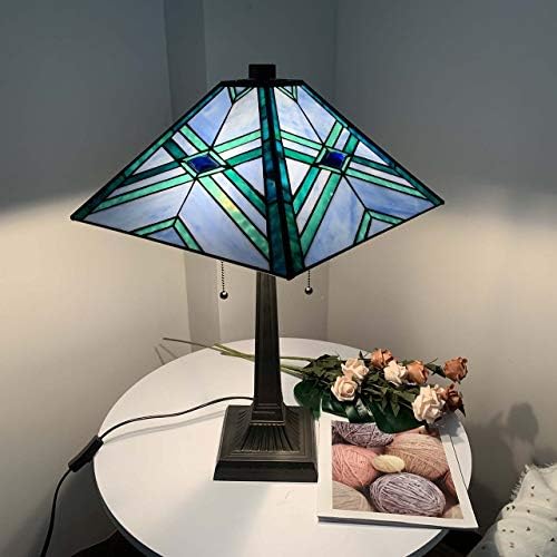 Bieye L10814 Mission Tiffany Style Stained Glass Table Lamp for Reading Working Decorating, 20" W x 22.5" H, Blue