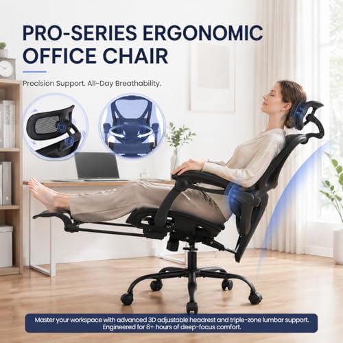 MALOL Ergonomic Mesh Office Chair with Footrest, High Back Desk Chair with 5-Level Adjustable Lumbar Support, 3D Headrest, 130° Reclining Backrest, Adaptive Armrests, Home Office Computer Chair, Black