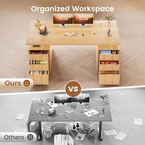 SEDETA Electric Standing Desk with 6 Drawers, 55" Adjustable Stand up Desk with Storage, Fluted Computer Desks with Power Outlets for Home Office, Oak