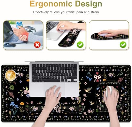 Mouse Pad with Wrist Support 4 in1 Set, XXL Big Game Mousepad + Keyboard Wrist Rest + Mouse Wrist Rest Pad +Coaster Gaming Mat for Home Office Work Computer Laptop I Vintage Floral Romantic Bow