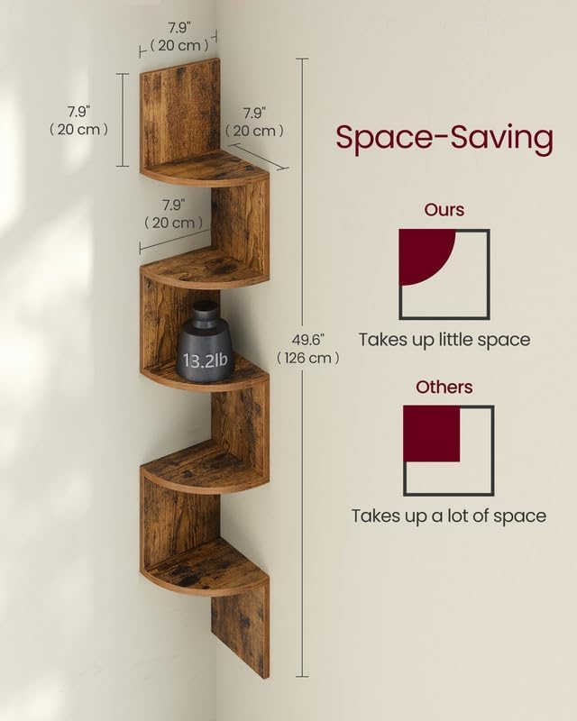 VASAGLE Corner Shelf Wall Mount, 5-Tier Floating Corner Bookshelf