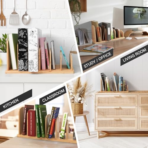 Cook Book Organizer, 6 Sections, Recipe Book Holder Rack, Tabletop Stand for Convenient Cookbook Storage, Vertical Cook Book Stand Kitchen, Binder Holder for Desk & Countertop (Bamboo)