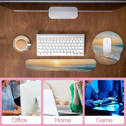 Beach Sunset Keyboard Wrist Rest Pad and Mouse Pad Wrist Support Set,3-in-1 Ergonomic Mouse Pad with Non-Slip Rubber Base for Home Office Game Computers Desk,