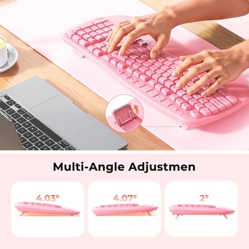 MEETION Wireless Ergonomic Keyboard, Wave Keys with Wrist Rest, Pink