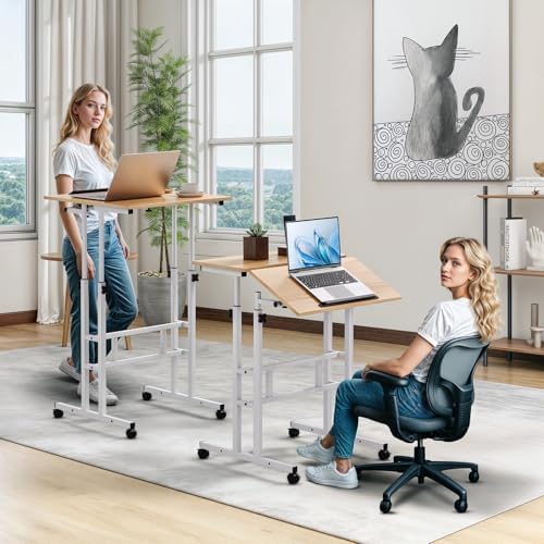 Magshion Rolling Standing Desk with Wheels, Height Adjustable Laptop Desk for Walking Pad, Mobile Workstation with Tilt Top, 28" to 46" Height Range for Home Office & Small Spaces, Natural