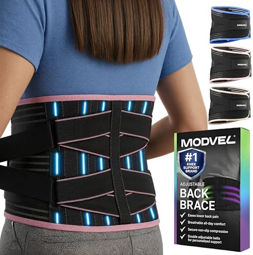 Modvel Back Brace for Lower Back Pain Women and Men – Lumbar Support Belt for Sciatica, Herniated Disc, Muscle Strain – Adjustable Breathable Work Brace with 6 Stays – Support for Posture