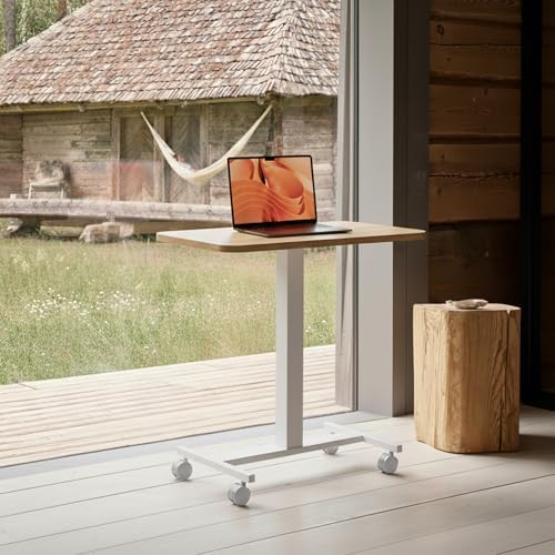 HUANUO Small Rolling Laptop Standing Desk, Height Adjustable Mobile T-Base Desk with Lockable Casters, Portable Sit-Stand Workstation for Bedside & Sofa, Light Walunt
