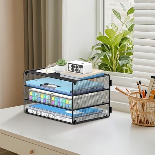 DALTACK 3 Tier Letter Tray Paper Organizer with Sliding Mesh Trays Black