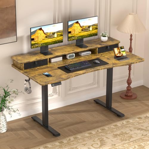 55 x 27.6 Electric Standing Desk with Drawers, Rustic Brown