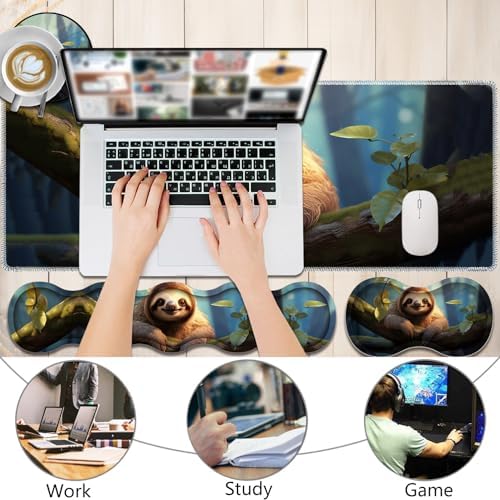 4 in 1 Mouse Pad Combo, Large Gaming Mouse Pad + Keyboard Wrist Support + Mouse Wrist Rest + Coaster, Table Pad with Stitched Edge Ergonomic Wrist Pad Set, Sloth