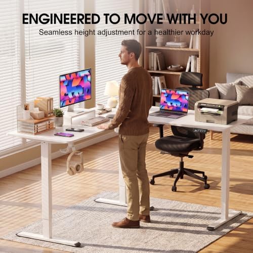 Furmax 63 x 55 Inch L Shaped Standing Desk with 2 Preset Heights, Electric Height Adjustable Computer Table, 2 Hooks & Feet Balance, Corner Sit Stand Desk for Home Office (White, 63 x 55 Inch)