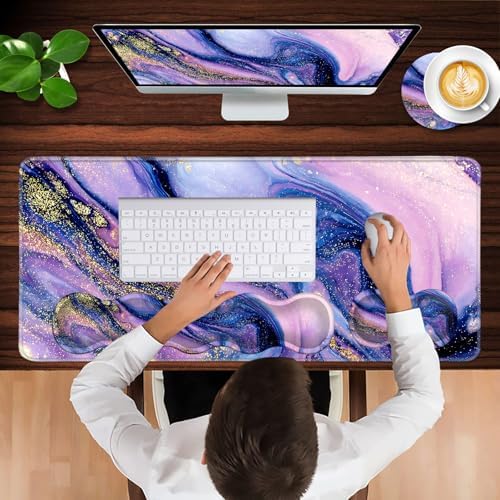 Keyboard Wrist Rest and Mouse Pad with Wrist Support Set Ergonomic Coaster,Memory Foam,Easy Typing Pain Relief,Large XL Desk Mat 31.5"x 11.8",Purple Marble