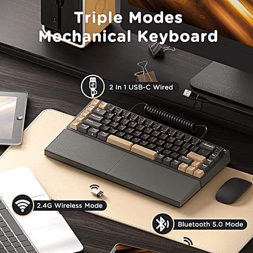 RK ROYAL KLUDGE S70 Ergonomic Split Keyboard and MO3 Wireless Gaming Mouse Combo, 75% Hot Swappable Gaming w/Fixed Wrist Rest, Bluetooth/2.4G/USB Rechargeable Computer Mouse