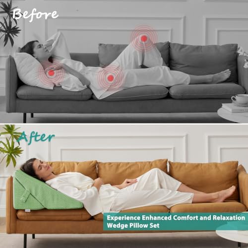 Bedluxe Wedge Pillow for Sleeping, Adjustable 9&12 Inch Foldable Bed Wedge Pillow Set, Orthopedic Memory Foam Triangle Pillows Wedge, 7-in-1 Elevated Pillows for Leg and Back Support, Green