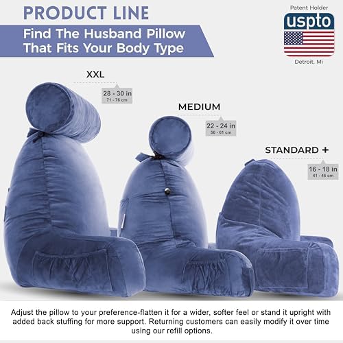 Husband Pillow XXL The Original for Adults - 30" Tall Backrest for Sitting Up in Bed - Firm Support Reading & Bed Rest Pillows for Adults, Neck Roll, Removable Cover - TV - Dark Blue