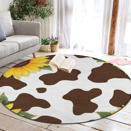 Fashion Round Area Rug Large Non Slip Carpet, Cow and Sunflower Unisex Home Decor Mat