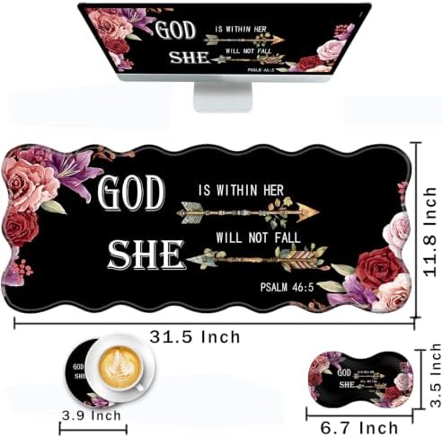 Mouse Pad with Wrist Support + Desk Mat + Coaster 3 in 1 Set, XL Large Gaming Mousepad Ergonomic Mouse Pads for Desk Computer Laptop Office,Flower Bible Verse Psalm 46-5